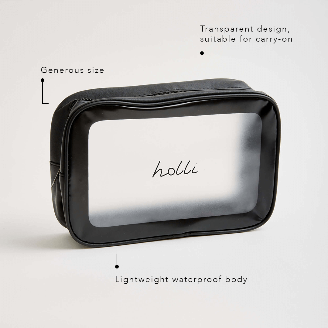 Transparent design, suitable for carry-on. Lightweight waterproof body. Generous size.