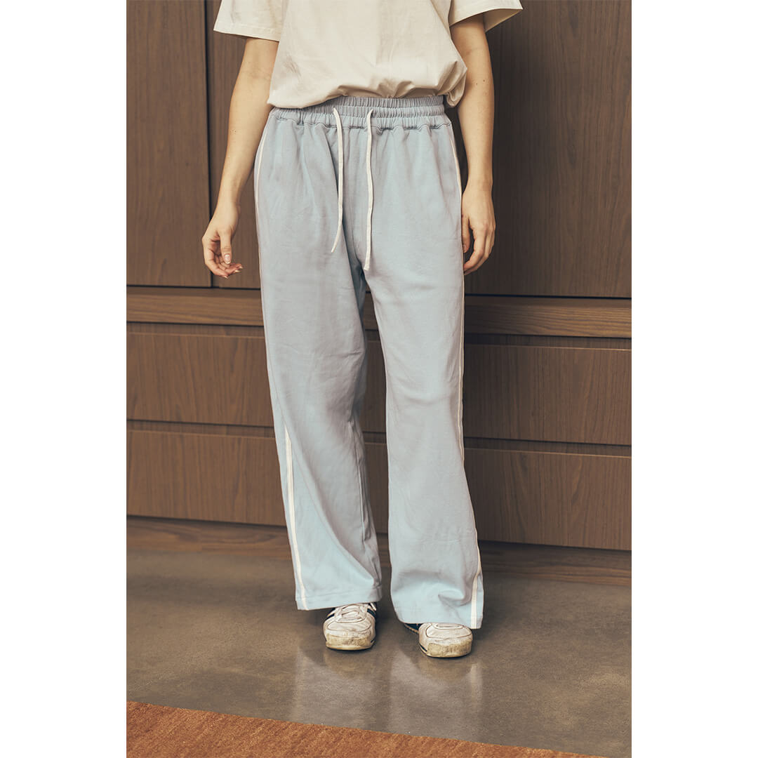 Stripe Travel Pant in Sky - front detail